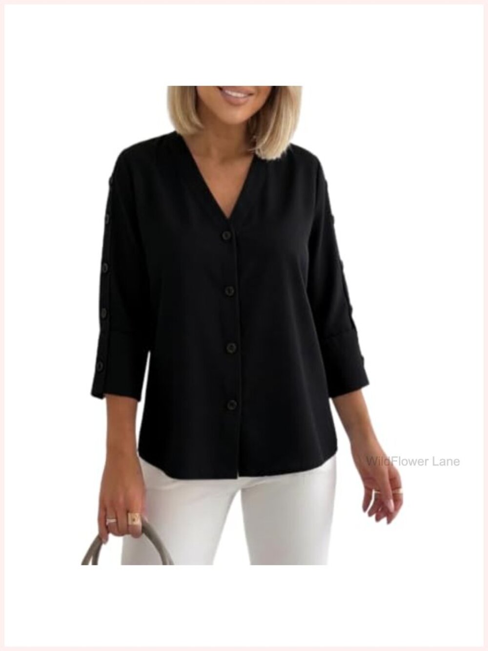 Women's 3/4 Sleeve V-Neck Striped Blouse Button Detail Work Top